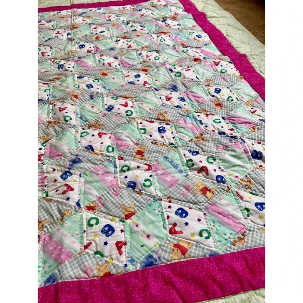 Handmade Winnie the Pooh Tigger Patchwork Baby Quilt Pink Alphabet 55x49 EUC